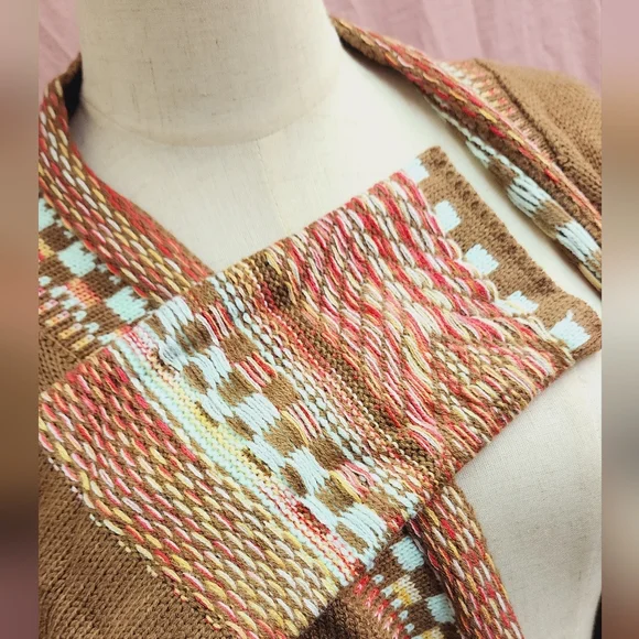 SHEIN LUNE Checkered & Geo Pattern Drop Shoulder Fringe Trim Duster Cardigan-(S) - Picture 9 of 10